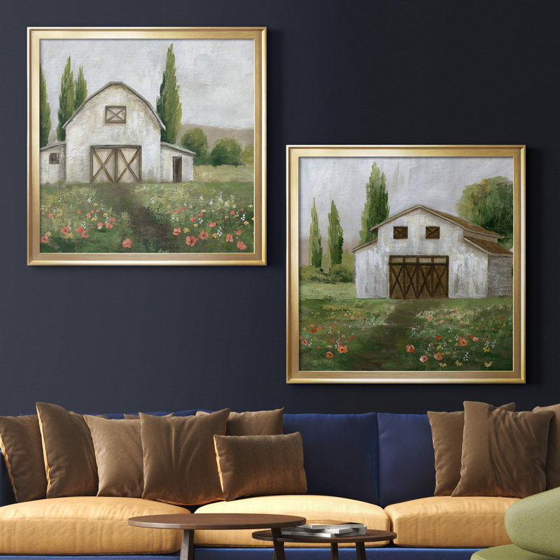 Country Barn I - ensemble de 2 reproductions d'art, H 17,5 po x l 35 po x P 1,5 po, Toile encadrée d'or, Pas de tapis