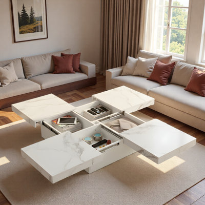 Table basse carrée en placage avec plateau coulissant et grand espace de rangement