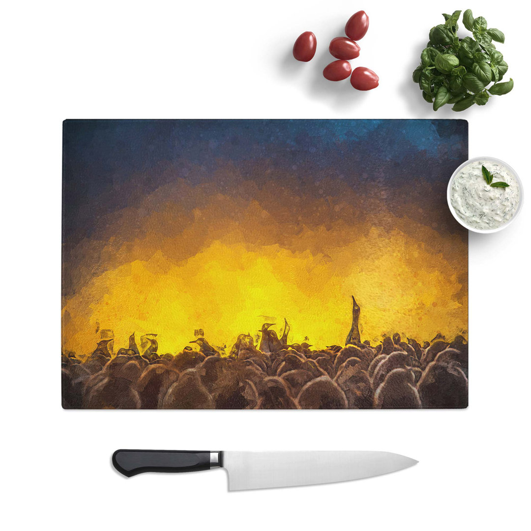 Glass King Penguins & Orange Sunset in Abstract Chopping Board