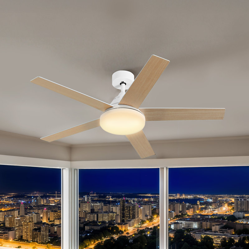 52" 5 - Blade Ceiling Fan With Light & Remote Control, Natural Wood, White