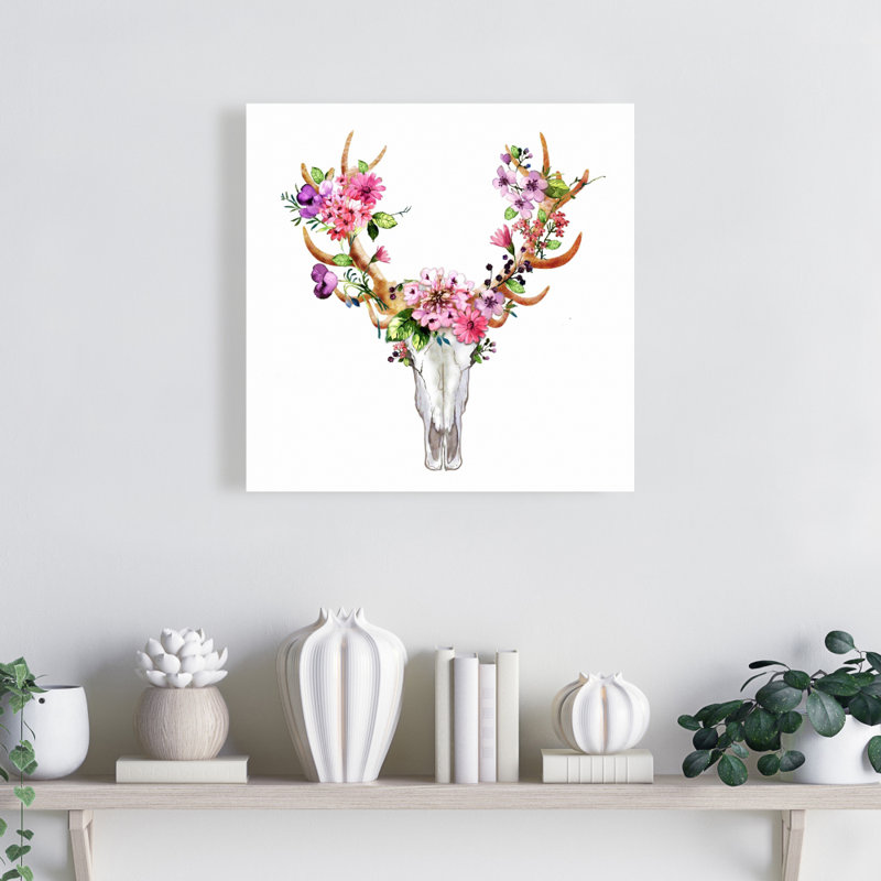« rustique cerf-crâne avec fleurs », reproduction de peinture à l’huile sur toile tendue, H 16 po x l 16 po x P 1,5 po