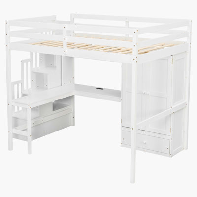 White Solid Wood Waterloo Loft Bed With Desk, Bookshelves, Wardrobe (With Doors And Drawer), Built-In Storage Staircase, Safety Guardrails, And Solid Slats