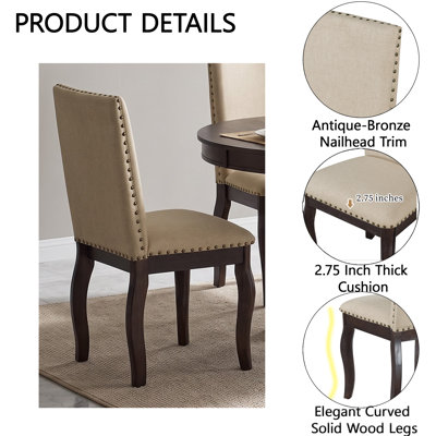 5-Piece Farmhouse Extendable Round Dining Table Set with 4 Upholstered Chairs, Curved Solid Wood Legs & Nailhead Trim – Extendable Dining Set for Dini
