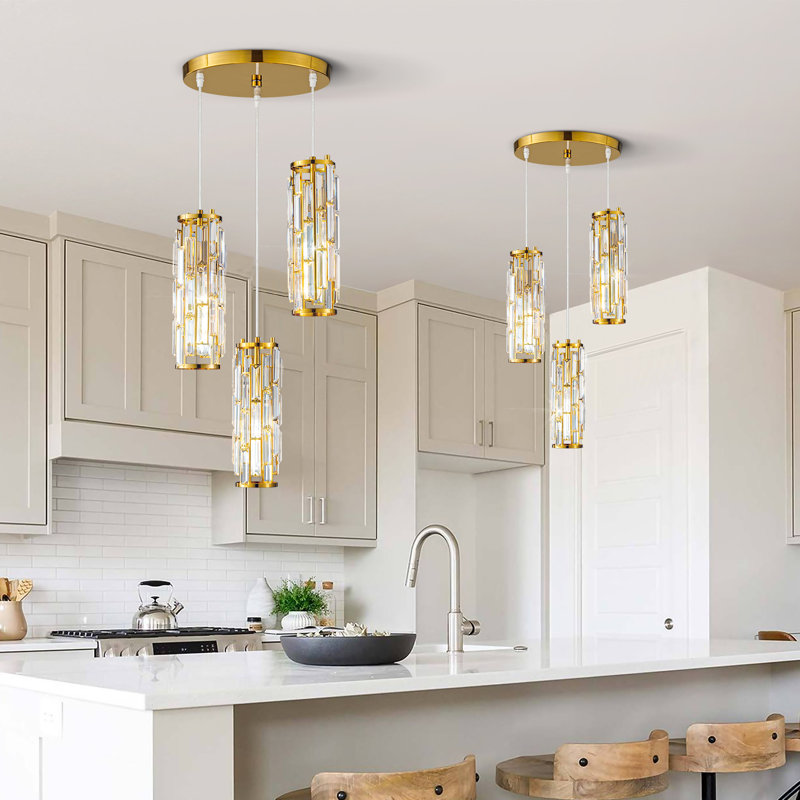Luminaire suspendu cylindrique à 3 lumières à intensité variable avec accents de cristal, Or, Trois lumières