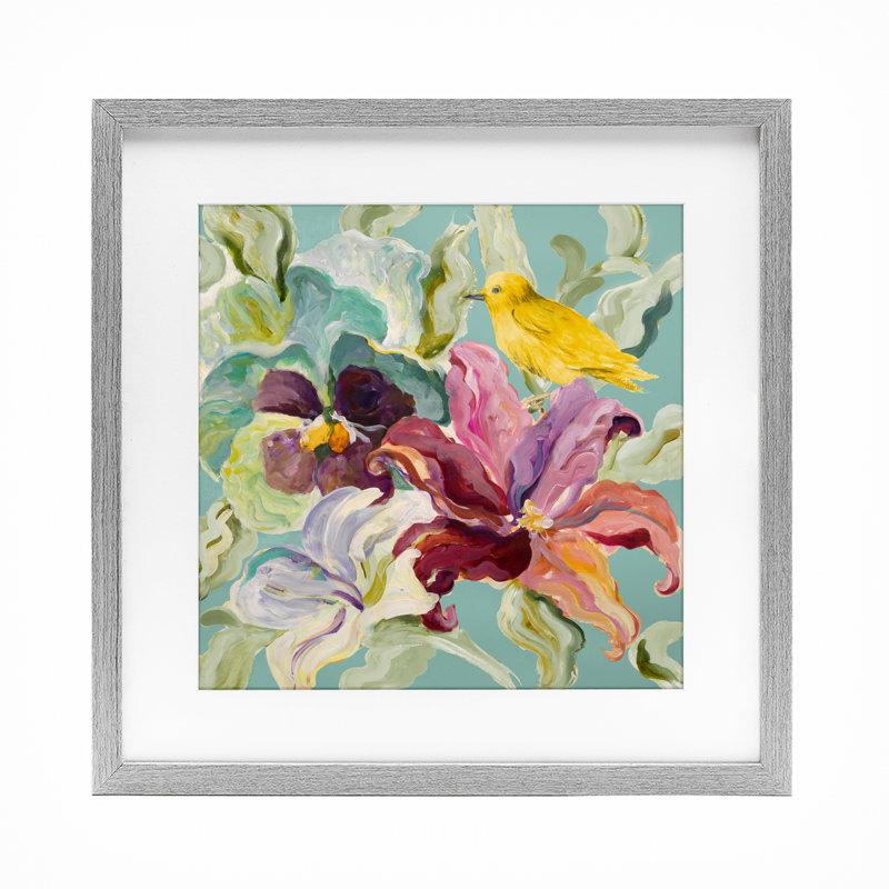 «Lyrical Garden Canary», reproduction sous verre encadrée, design par Lanie Loreth, H 16 po x l 16 po, Cadre de ferme gris