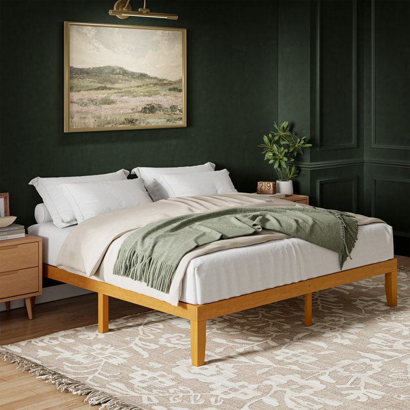 Lit plateforme en bois massif avec ensemble de lattes Avelyn, Grand lit, Naturel, 12''
