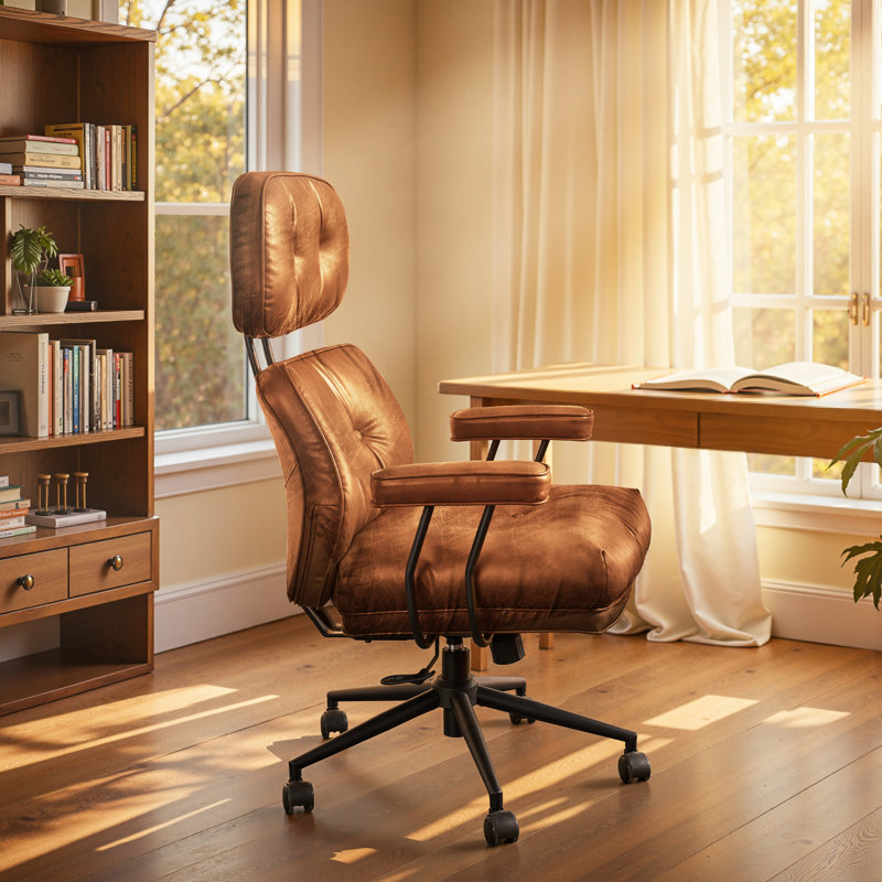 Office Chair With Headrest, Swivel Task Chair With Adjustable Gas Lift, Light Brown
