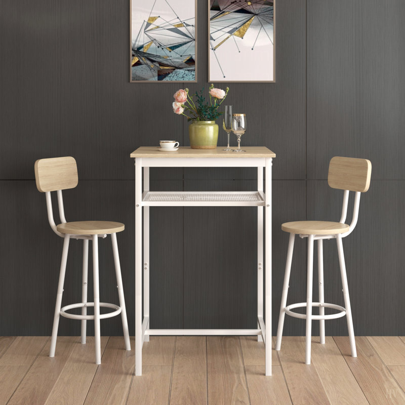 Table de bar, équipée de 2 tabourets de bar, avec dossier et cloison, Naturel Blanc