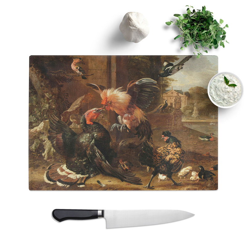 Rooster and Turkey Fighting by Melchior D'hondecoeter Chopping Board, 0.4cm H x 28.5cm W x 39cm L