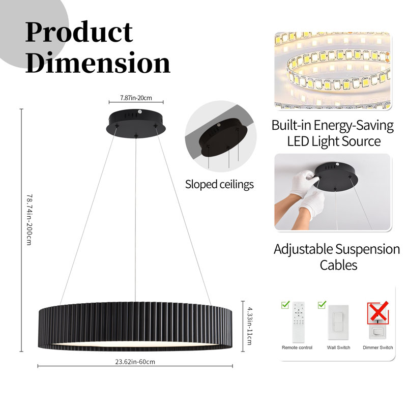 23-inch Modern Led Black Chandelier With Acrylic Drum Shade, Round Contemporary Dining Room Light Fixtures Drum Pendant Light, Kitchen Island Lighting