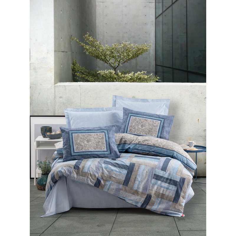 Ensemble de housse de couette 100% coton Eilt bleu / beige / blanc, Housse de couette 87 po x 87 po + 1 taie d'oreille