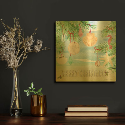 «Coastal Christmas E» par Jean Plout, art mural en métal doré, 12 po x 12 po