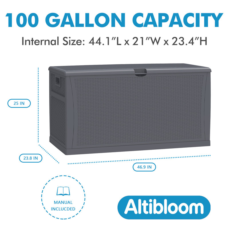 Coffre de rangement Altibloom en résine résistante à l'eau de 100 gallons, Grey