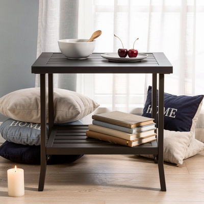 Metal 2-Tier Outdoor Table, 19" Square Outdoor Side Table for Many Occasions, Weather-Resistant Outdoor Coffee Table