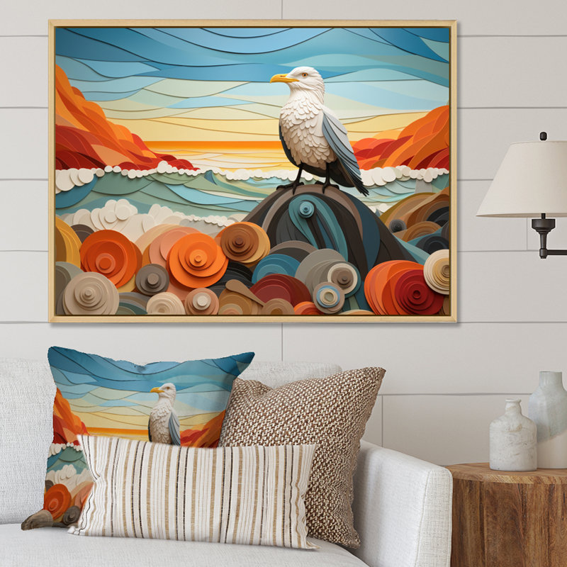 «Seagull Coastal Guardian Geometric I», reproduction d'art sur toile, 16" H x 32" W, Cadre naturel flottant