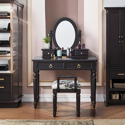 Meuble-lavabo 47,24 po vintage en bois de frêne noir avec miroir et tabouret