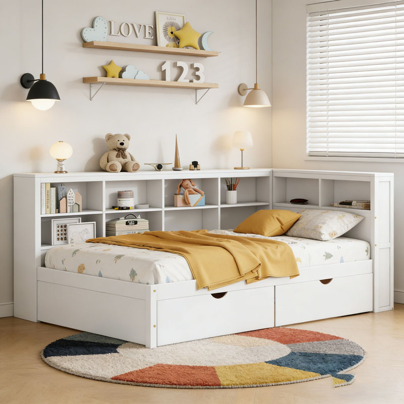 Lit de jour en bois avec 2 tiroirs, Blanc, Lit double