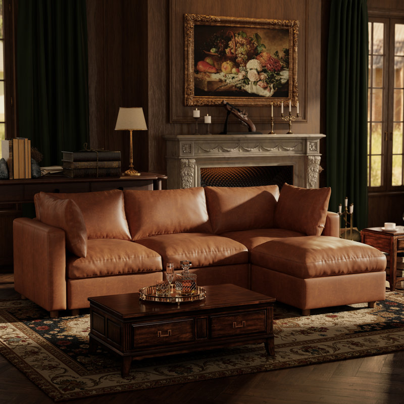 41" Leather Upholstered Sectional Sofa with Hidden Storage, CAMEL, 3Seaters-L