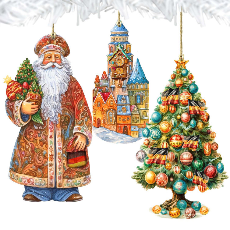 3 Piece German-Inspired Santa Wooden Ornaments