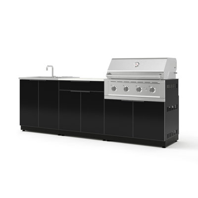 Ensemble de 5 armoires d'extérieur en aluminium noir avec bar, gril, évier, gril au propane liquide 36 po et plateau blanc Dekton 32 po
