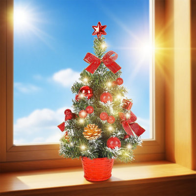 45CM Small Christmas Tree With Lights,Mini Desktop Decoration Tree With Star Tree Topper, Balls, Bows, Pine Cones For Home Office Shopping Bar Christmas Decorations