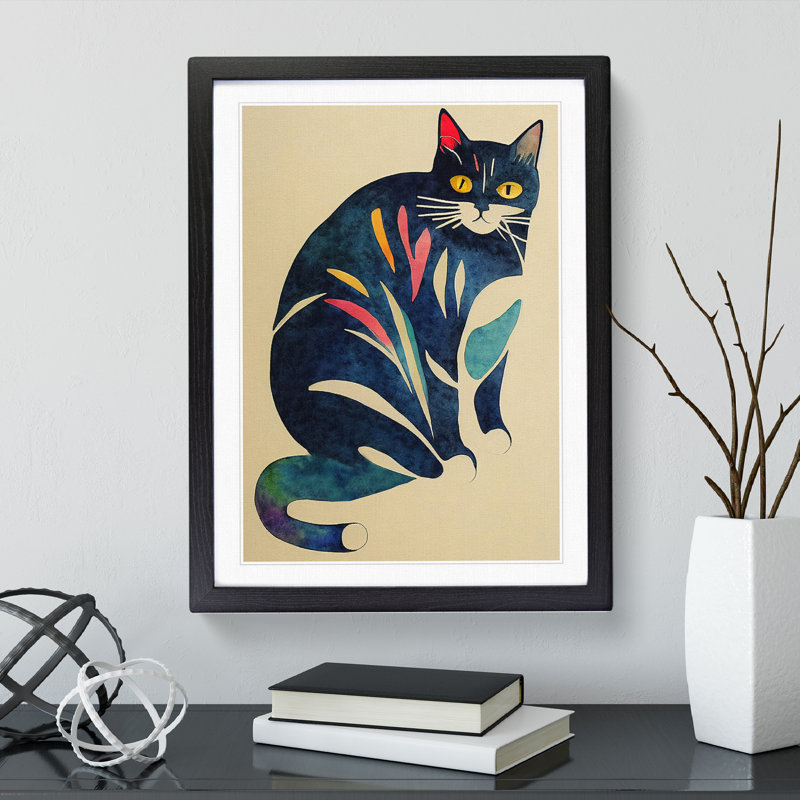 Cat Watercolour No.2 - Single Picture Frame Print, Black, 34cm H x 25cm W x 2cm D