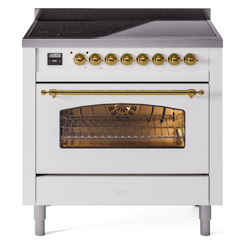 Cuisinière à induction 36 pouces avec 6 éléments à induction ILVE Nostalgie II Series (porte en verre), Blanc/laiton
