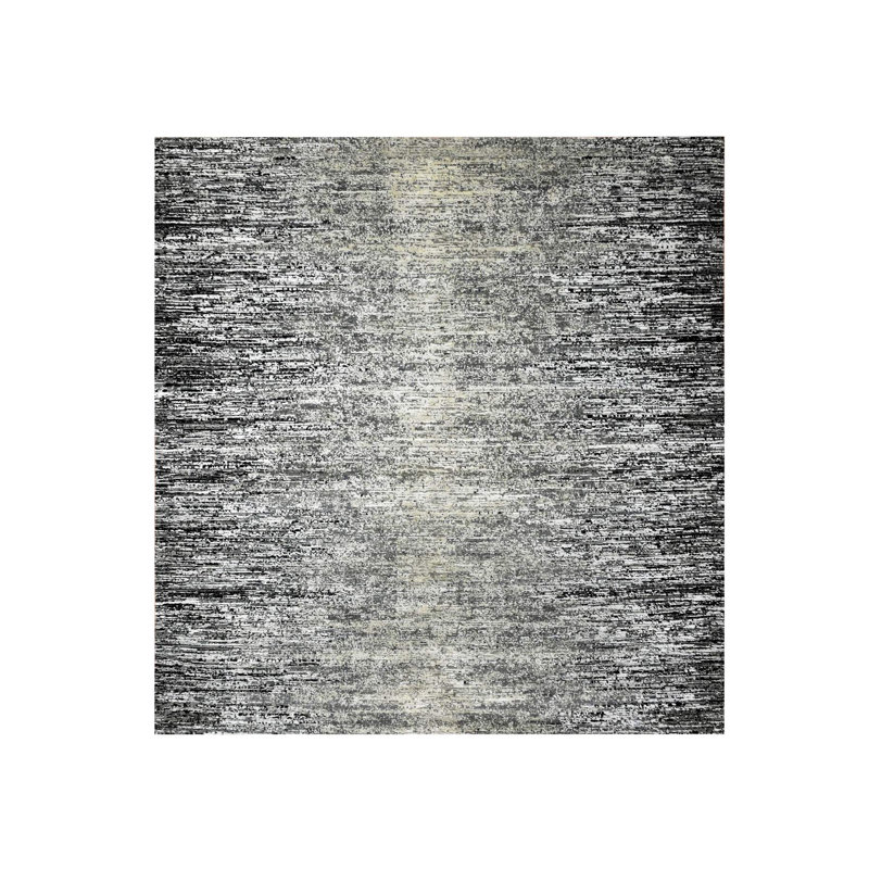 8'2"x8'2" Black Hand Knotted Striae Design Wool and Silk Square Rug FE063818512C4EF5A03673B944490ABC