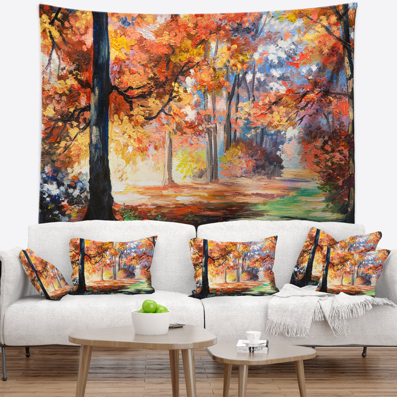 Paysage automne sentier en forêt tapisserie, H 68 po x l 80 po