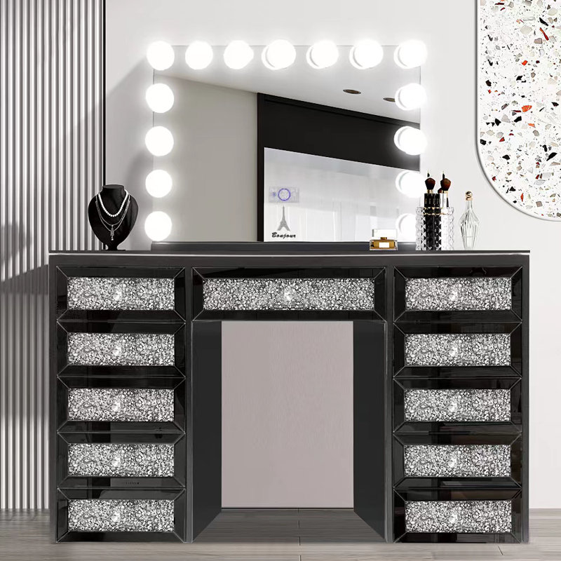 Ensemble coiffeuse Hollywood avec miroir, Noir, H 27 x l 31,5