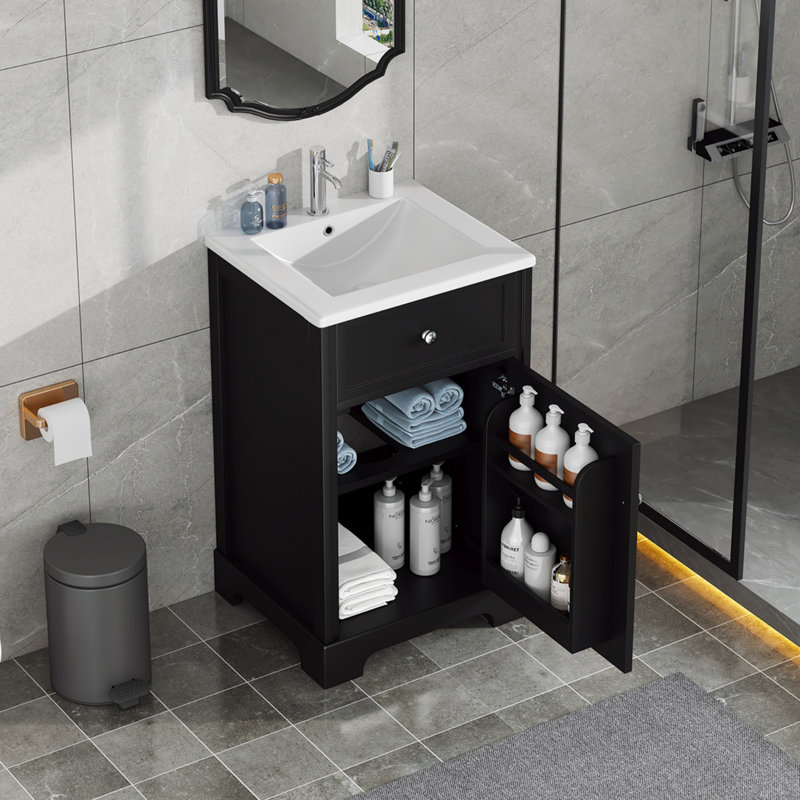 Meuble-lavabo de 20 po avec lavabo, armoire de salle de bain avec porte à fermeture douce, support de rangement et tablette réglable