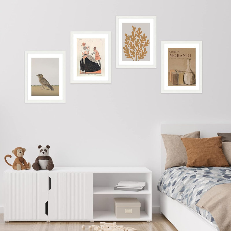 «Morandi Flower Vase Bird Flower Abstract Boho», décor de salle de bain encadré sur papier pour bureau de chambre à coucher, impression de 4 pièces