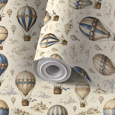 Peel and Stick Wallpaper Contact Paper Vintage Hot Air Balloon Blue Stripes Sepia Travel Style Self Adhesive and Removable 17.7in x 118in(45x300cm)