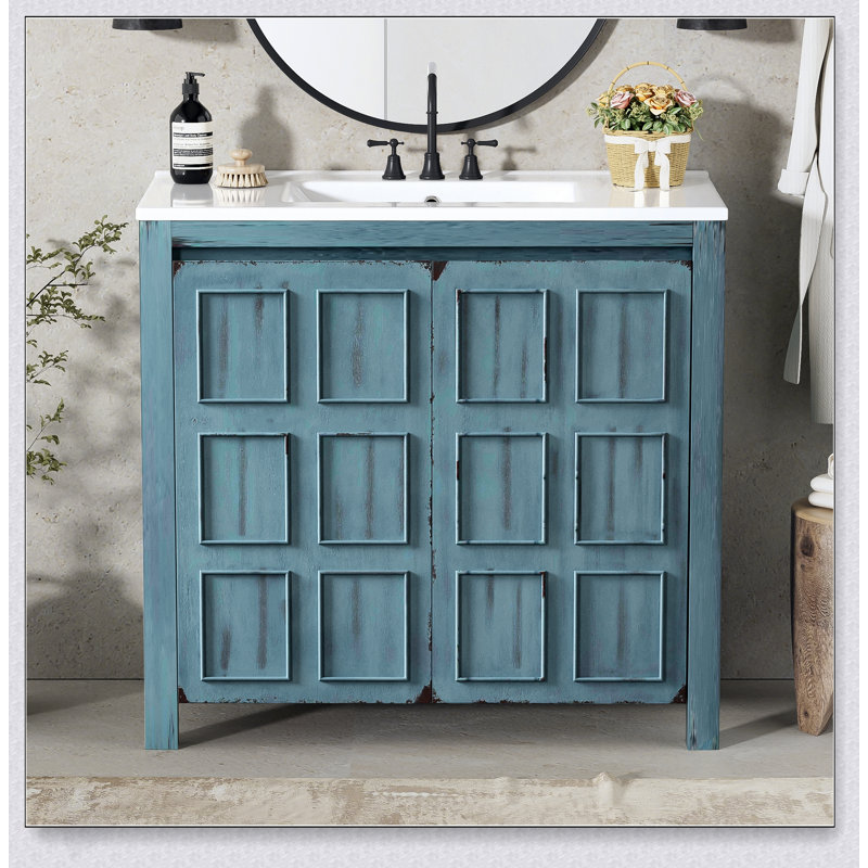 Meuble-lavabo bleu rétro de 36 pouces avec lavabo en céramique et rangement spacieux, parfait pour les salles de bain modernes et transitionnelles