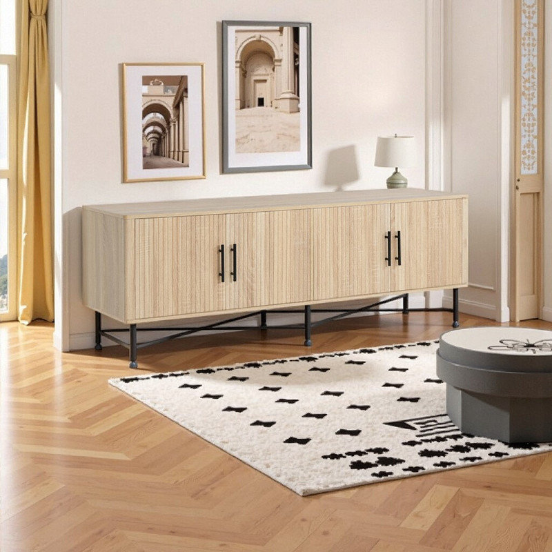 Meuble télé Oculi à 4 portes pour téléviseur de 65 po ou moins avec tablettes réglables, P 18 po x H 23 po, Marron clair