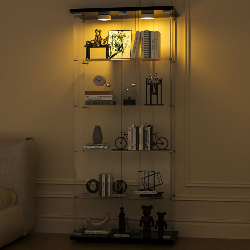 Jacquelline Tempered Glass Display Cabinet with 2 LED Lights, 5-Shelf Curio Cabinet with 2 Doors, Black