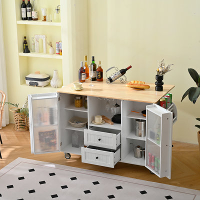 Mobile Kitchen Island Storage Trolley Cart On Wheels With Dropleaf Top, Towel/Spice Rack,2 Drawers, 2-Door Cabinet, White