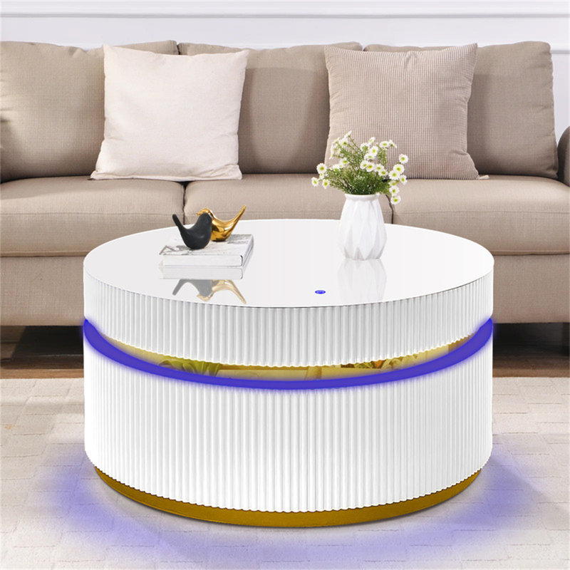 Table basse Tavi, plateau en verre rond de 39 po et bord doré à DEL, blanc