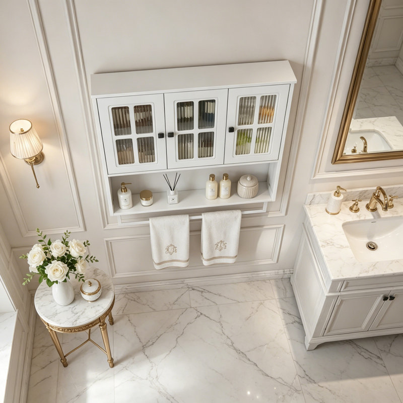 Armoire murale en bois à 3 portes avec porte-serviettes et verre, 34.65"W, White