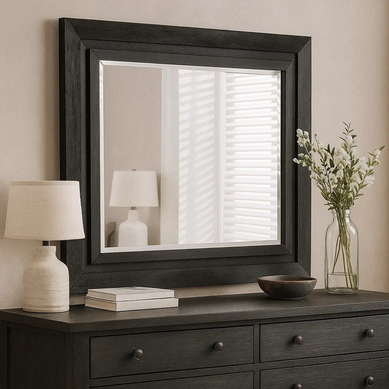 Ashen Dresser Mirror, Black Solid Wood, Rectangular Silhouette, 40X46