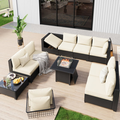 Fully Assembled Chairs, 8-Person Patio Conversation Set Black Chaise Lounge Modular Seating Outdoor Furniture With Fire Pit