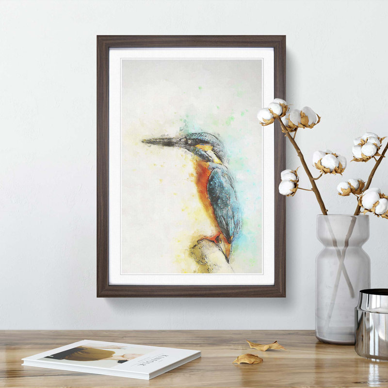 Perched Kingfisher in Abstract - Picture Frame Painting Print, Walnut Framed, 36cm H x 27cm W x 2cm D