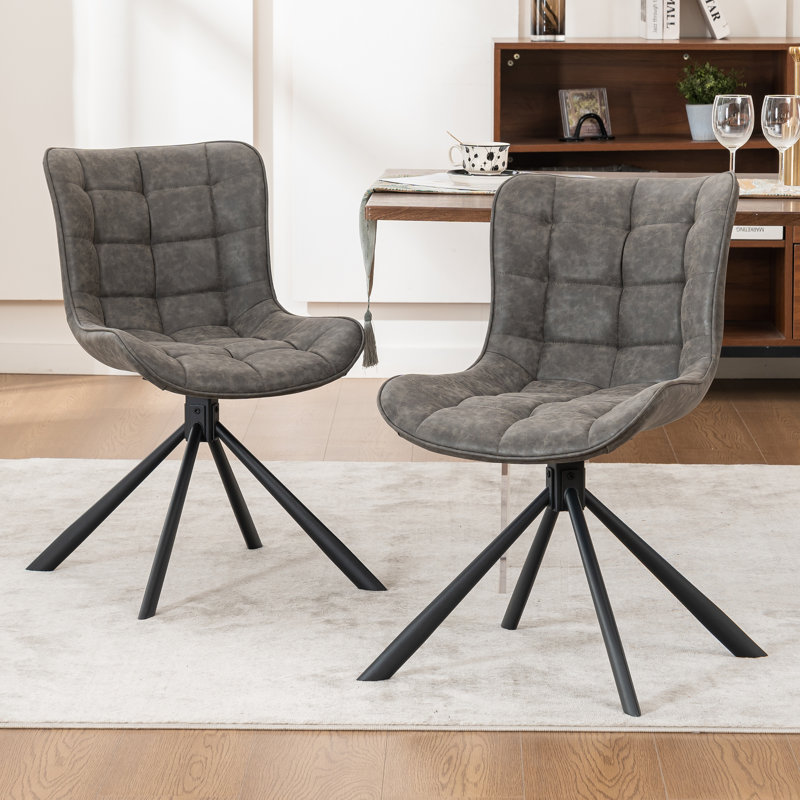 Tufted Swivel Leather Upholstered Side Chairs Modern Dining Chairs with Metal Legs, Dark Gray