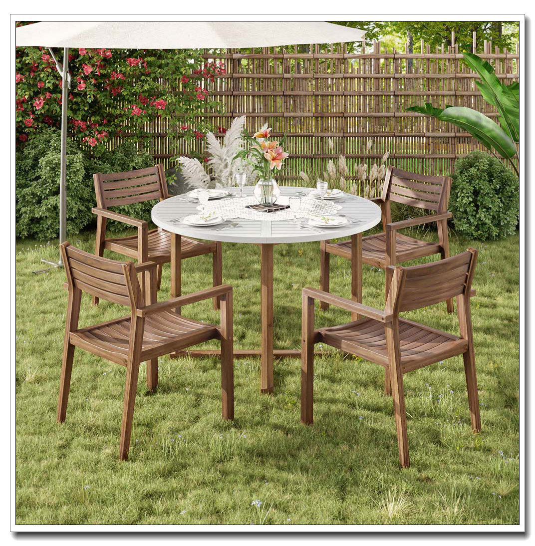 August Grove 5-Piece Round Acacia Wood Outdoor Dining Set with Slatted ...