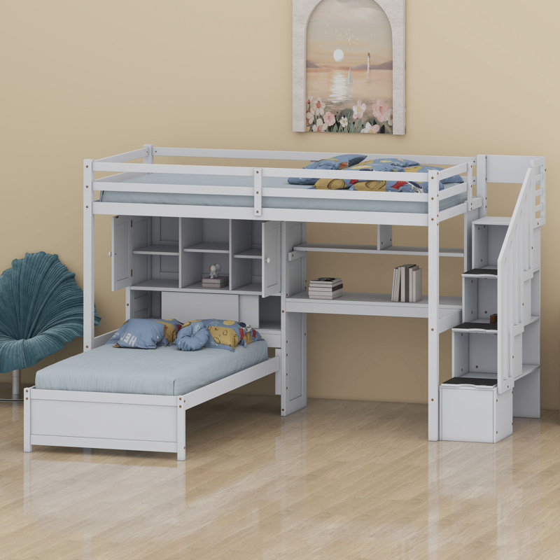 Lit mezzanine peu encombrant avec bureau intégré, escalier de rangement, compartiments et tablettes, Blanc
