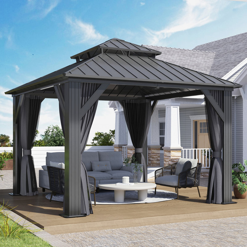 10 ft x 10 ft Black Aluminum Frame Gazebo with Curtains and Netting