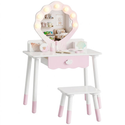 AIYAPLAY Kids Vanity Set with Chair, Acrylic Mirror, Lighted Bulbs, Pink