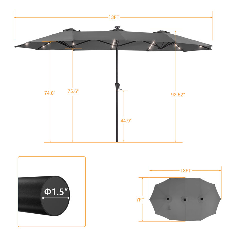 Parasol à double face 13 po x 7,2 pi à énergie solaire avec grand auvent, Gris foncé