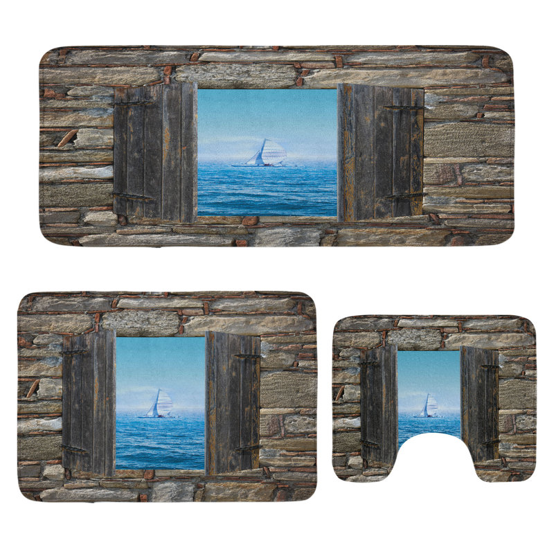  Nautical Bathroom Rug Set 3 Pieces U-Shape & Rectangle Mats Grey Blue