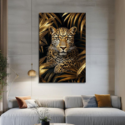Léopard, art mural sur toile, feuilles d'or, affiche noire, thème africain, animaux de la jungle, impressions pour salon, salle de bain, chambre à coucher, bureau à domicile, décor moderne (12 x 18 x 18 po)